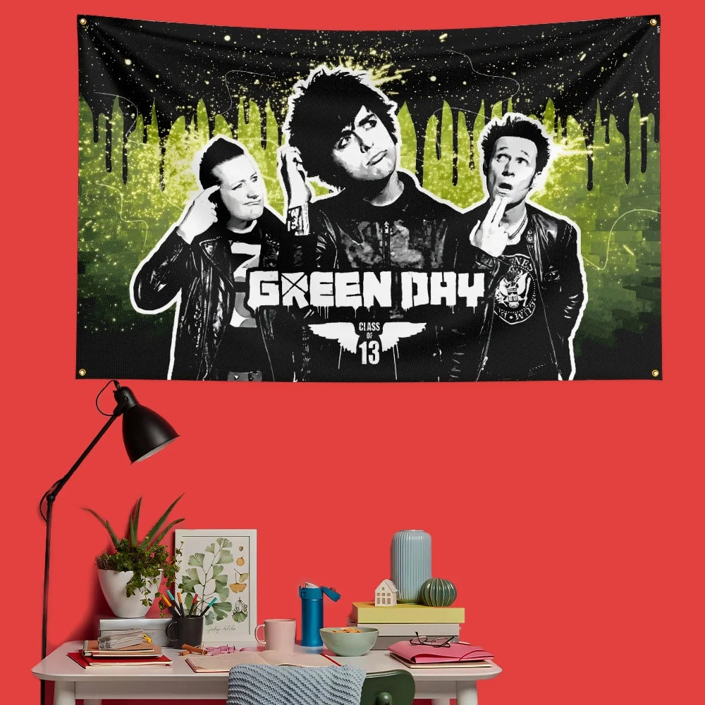 A decorative banner featuring a black and white image of the band Green Day against a dark, leafy background.