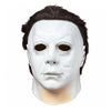 A white latex mask of Michael Myers with dark hair and a bloody scar detail.