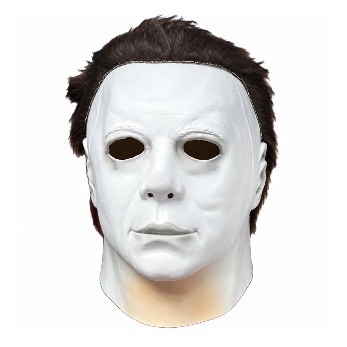 A white latex mask of Michael Myers with dark hair and a bloody scar detail.
