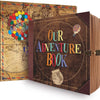 A handmade photo scrapbook album featuring a cover titled Our Adventure Book with an antique map design.