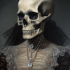 A dark portrait of a female figure with a pale skull face, adorned with silver chains and lace.