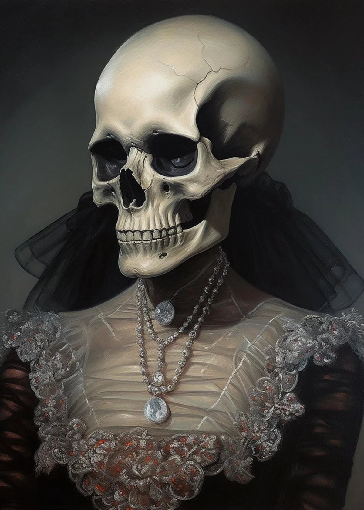 A dark portrait of a female figure with a pale skull face, adorned with silver chains and lace.