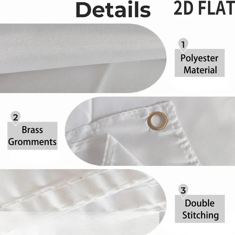 Details of a white polyester banner featuring brass grommets and double stitching.