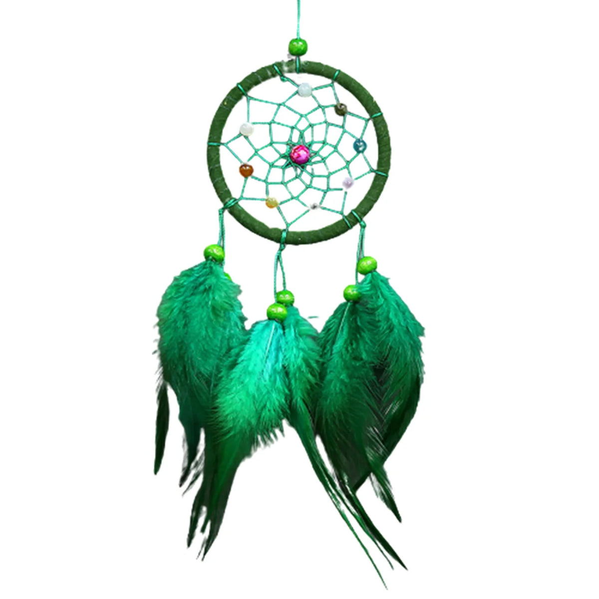 Handmade boho feather dream catcher wall decor with green feathers and beaded hoop