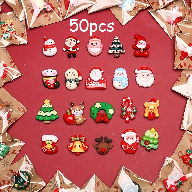 Assorted Christmas resin fridge magnets featuring Santa, snowman, and tree designs on a red background.