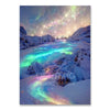 A vibrant diamond painting depicting a snowy mountain landscape with colorful aurora-like light reflecting on the water.