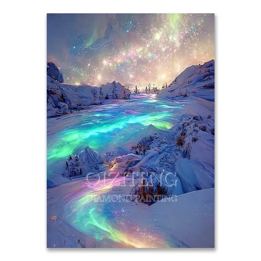 A vibrant diamond painting depicting a snowy mountain landscape with colorful aurora-like light reflecting on the water.