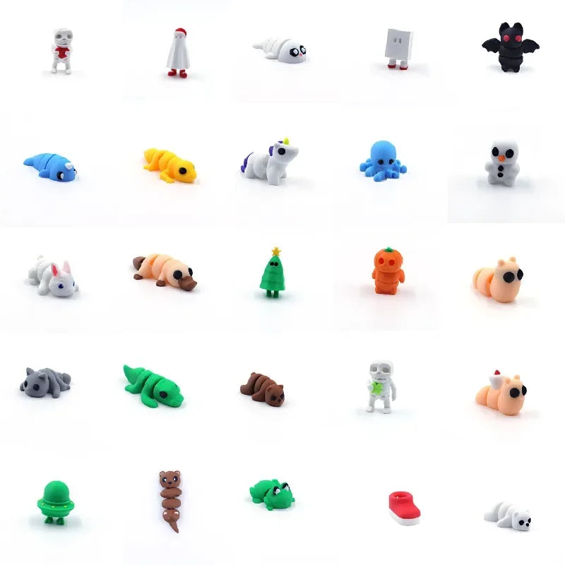 A collection of 15 small, colorful 3D printed cartoon animal figurines including a white rabbit, yellow dog, blue elephant, a