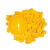 A pile of vibrant yellow latex balloons next to a large, inflated yellow balloon.