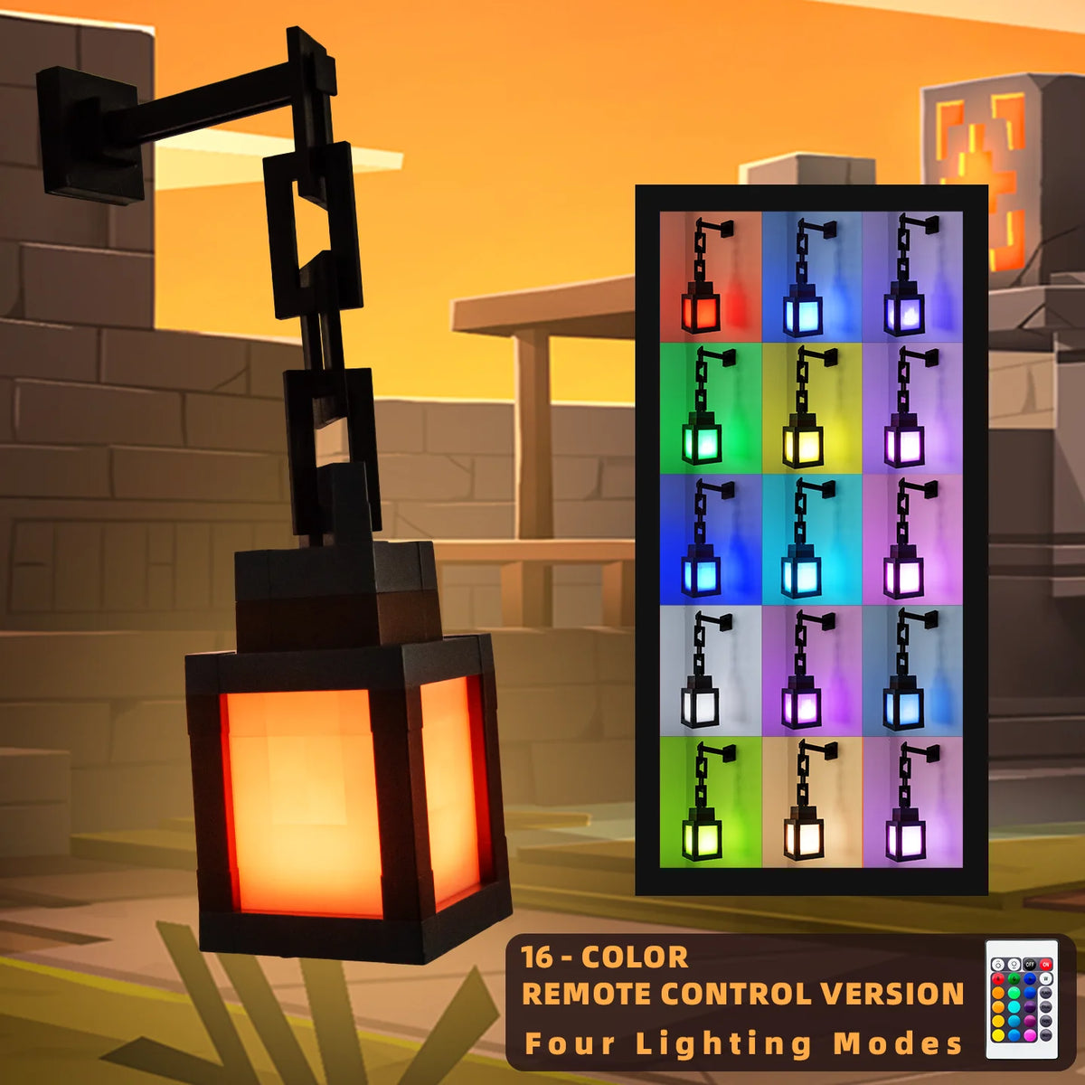 Lampe de nuit LED style pixel avec télécommande noire, quatre modes d'éclairage affichés sur un écran.