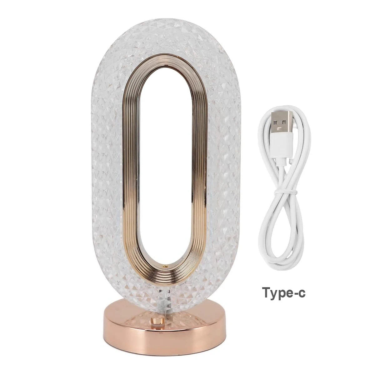 A white oval crystal table lamp with a gold accent and a Type-c charging cable.