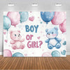 A watercolor gender reveal backdrop featuring pink and blue balloons and cute teddy bears asking Boy or Girl