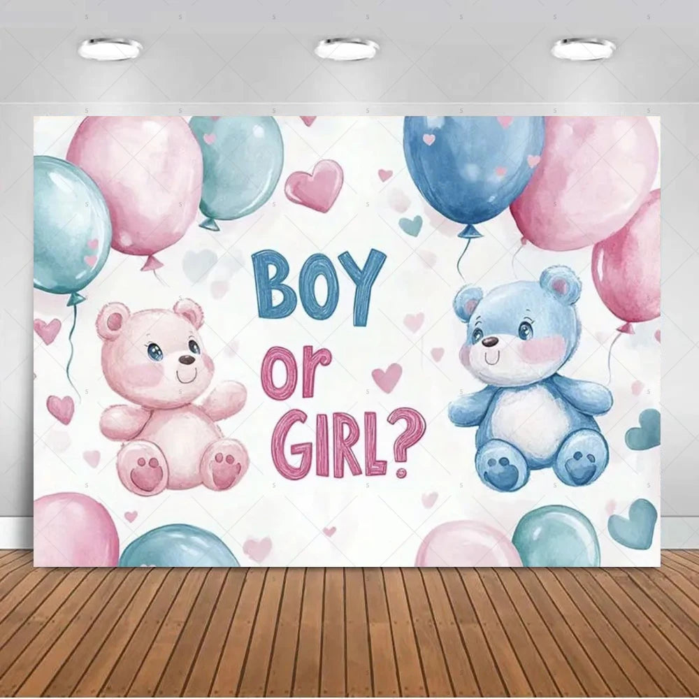 A watercolor gender reveal backdrop featuring pink and blue balloons and cute teddy bears asking Boy or Girl
