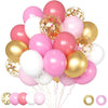 A collection of pink and gold chrome latex balloons in various sizes and shapes for celebrations.