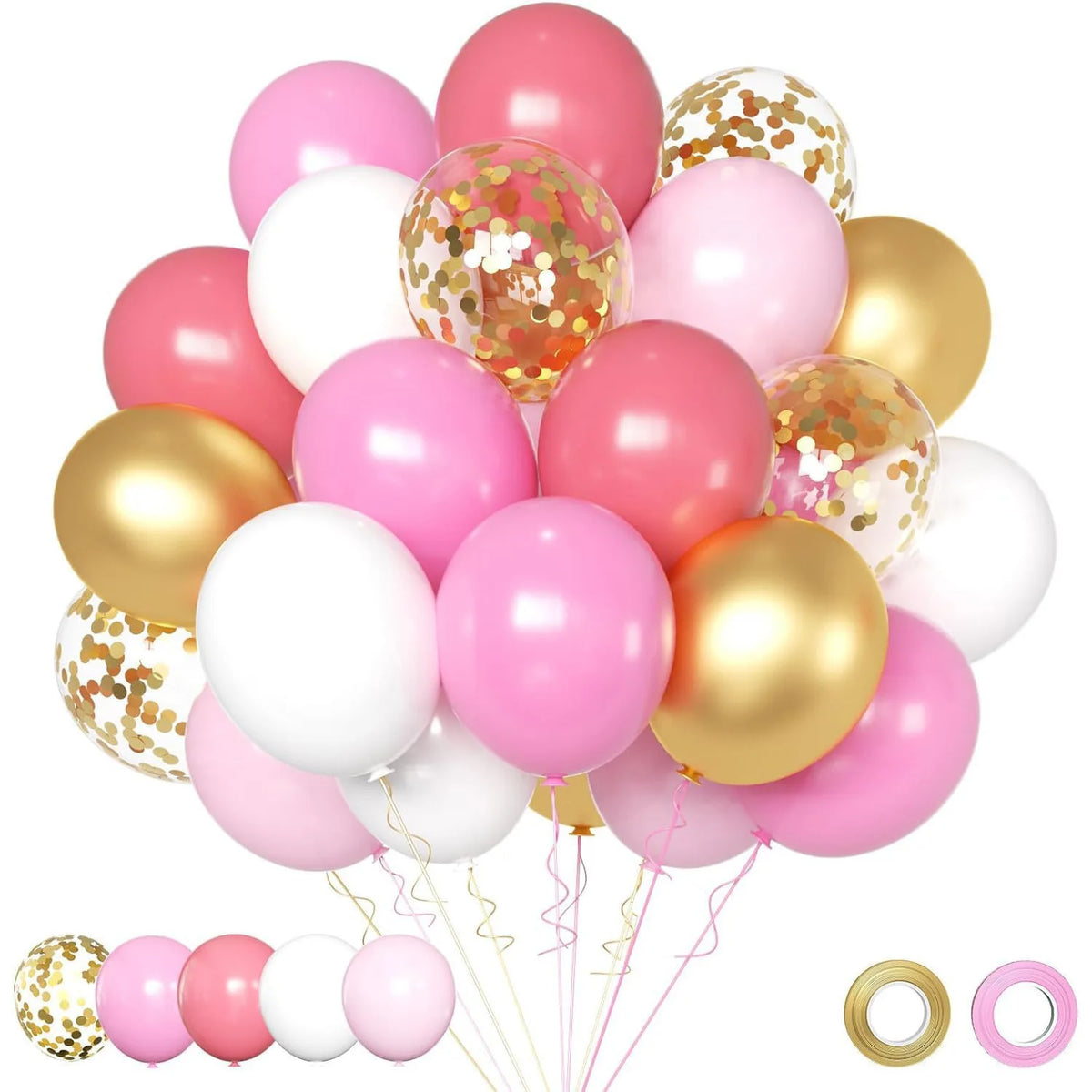 A collection of pink and gold chrome latex balloons in various sizes and shapes for celebrations.