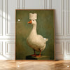 A white duck with a cylindrical head, standing on a dark pedestal, painted in an oil style.