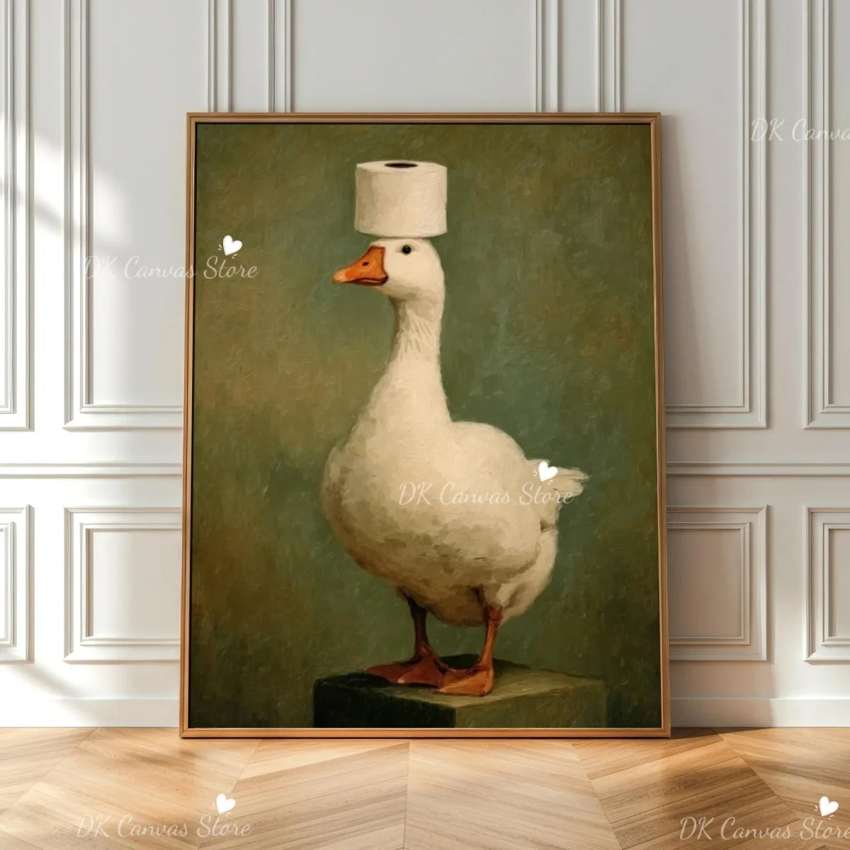 A white duck with a cylindrical head, standing on a dark pedestal, painted in an oil style.