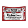 A red decorative flag featuring the Budweiser logo and text on a white background.