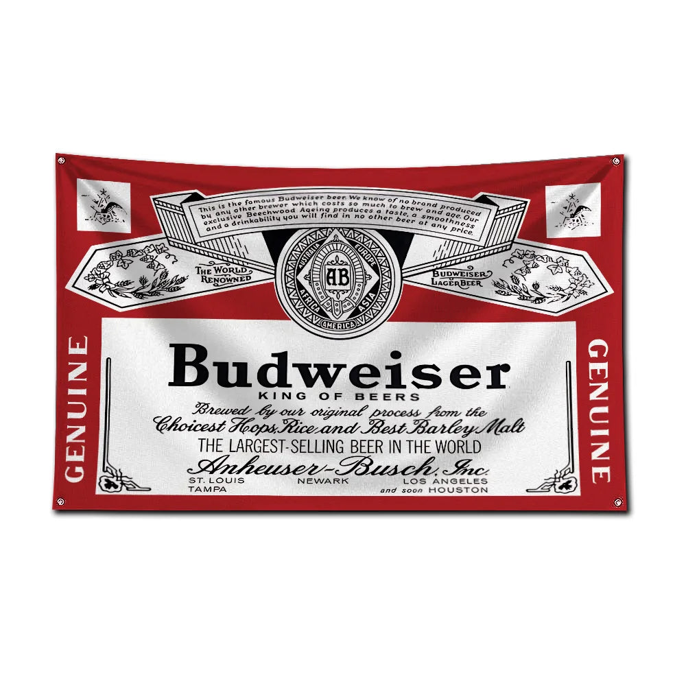 A red decorative flag featuring the Budweiser logo and text on a white background.