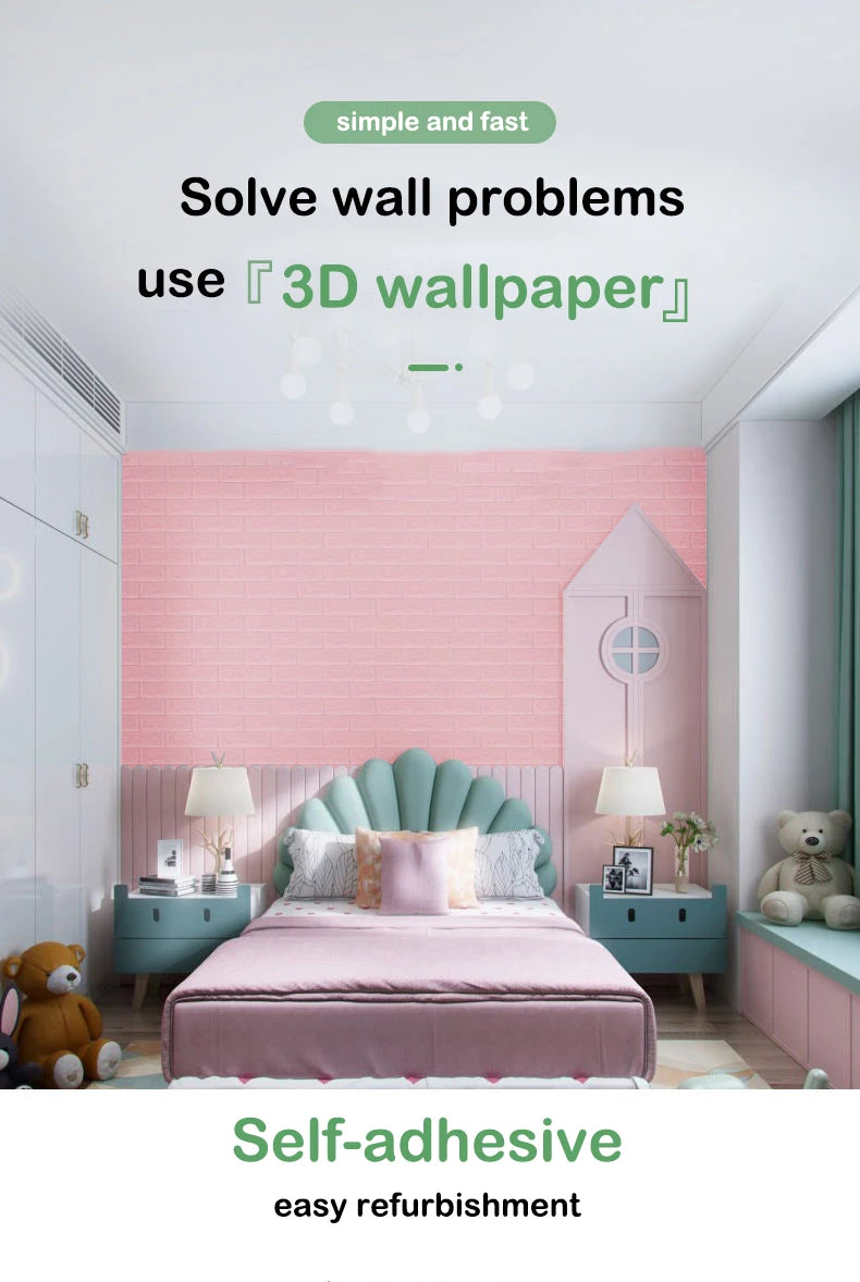 A bedroom decorated with pink 3D wallpaper panels on the wall, featuring a bed and bedside tables.