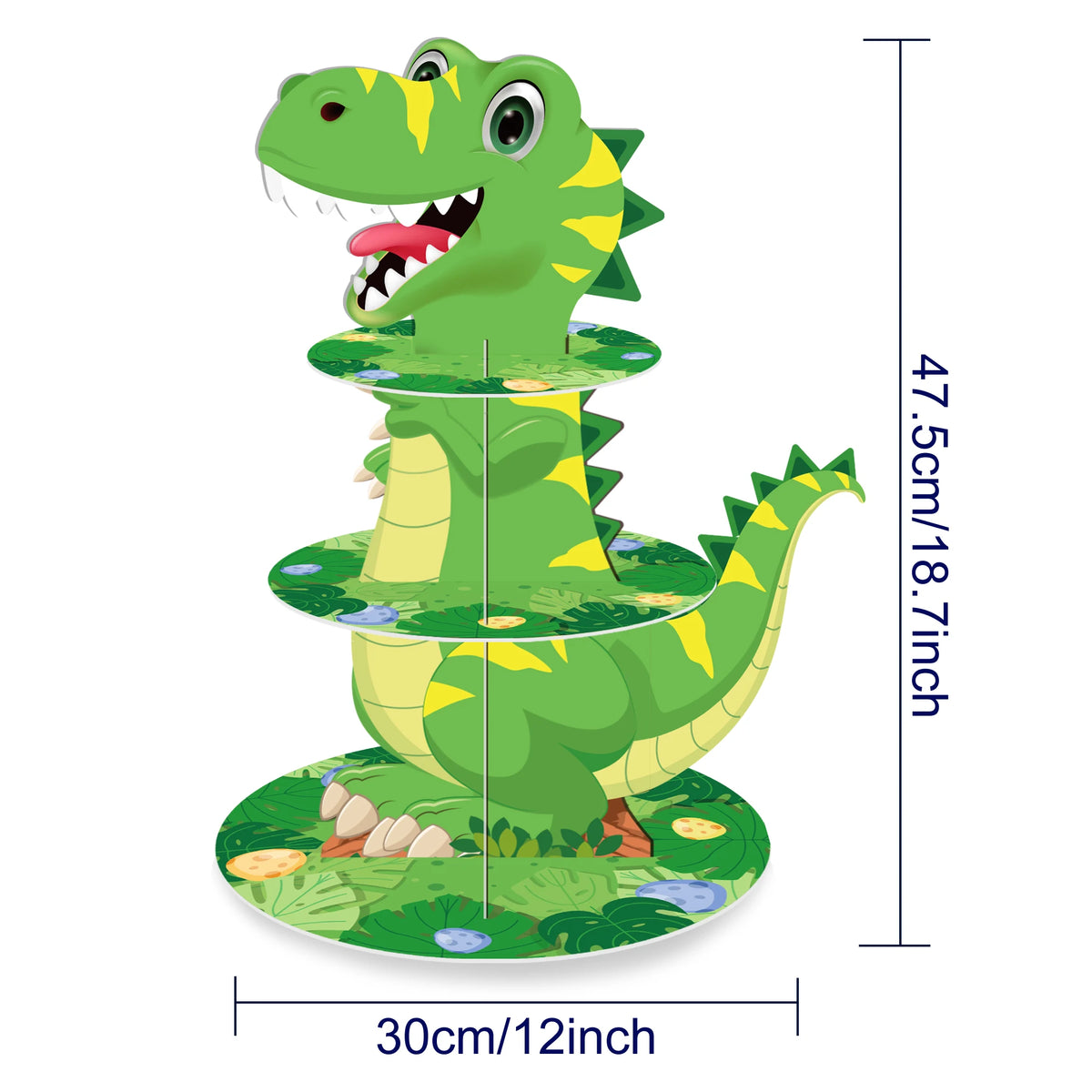 A green dinosaur figurine serving as a 3-tier cupcake stand for kids' party decor.