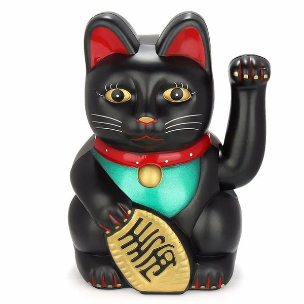 A black and red animated electric fortune cat decor figurine sitting down.