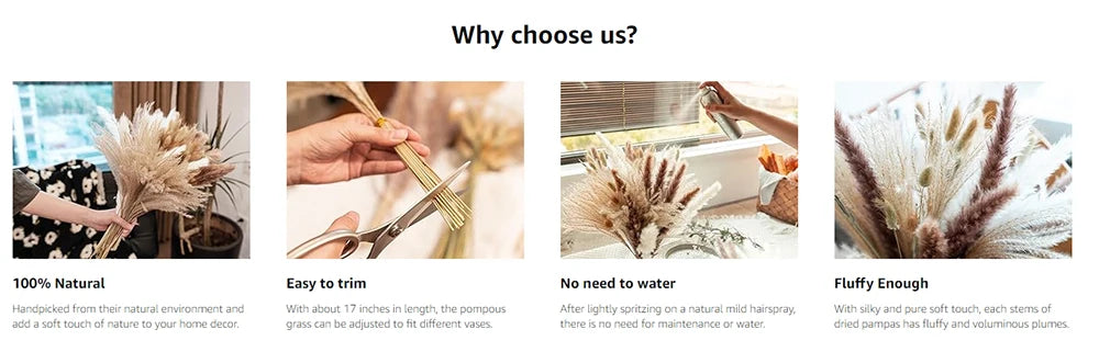 Dried pampas grass flowers arranged in a bouquet with natural tones and textures