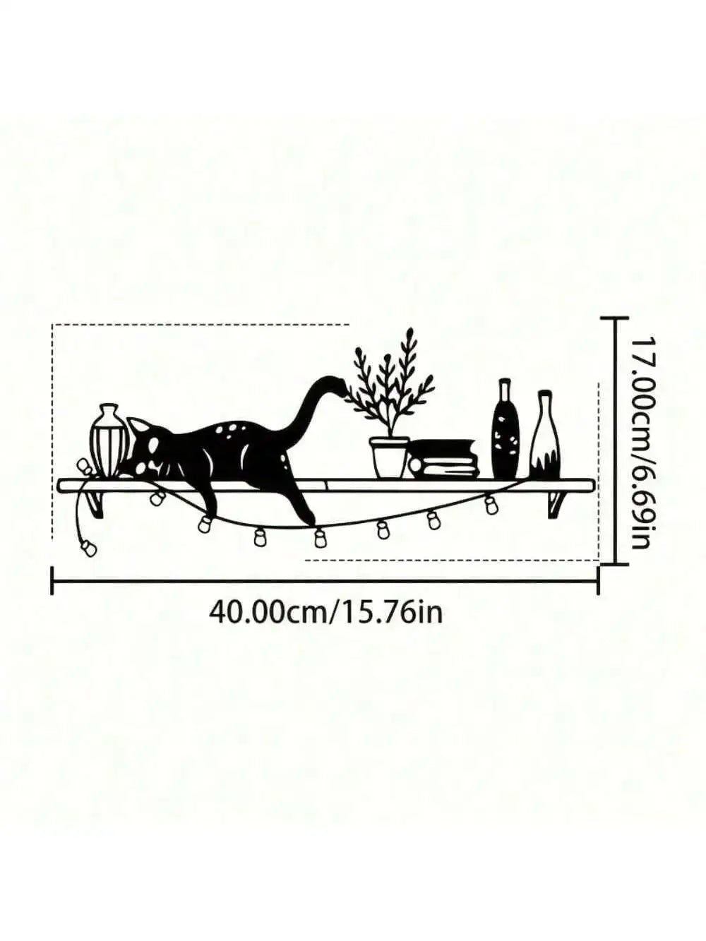 Black cat silhouette on a wooden shelf with decorative items like bottles and plants