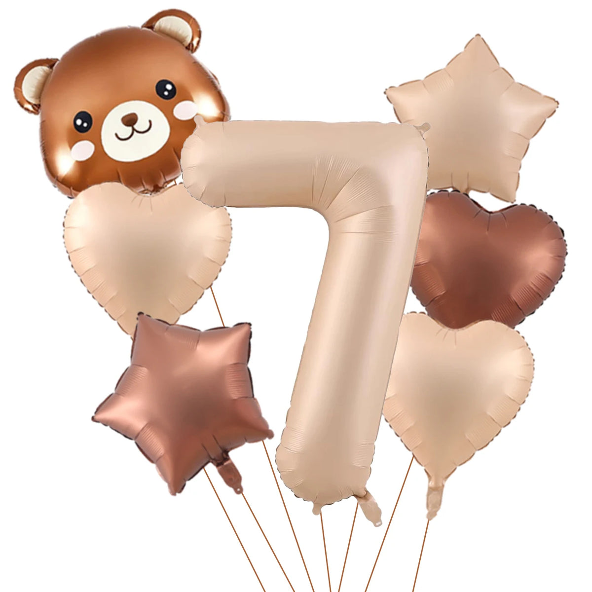 A set of foil balloons shaped like a bear and the number seven in a metallic caramel color.