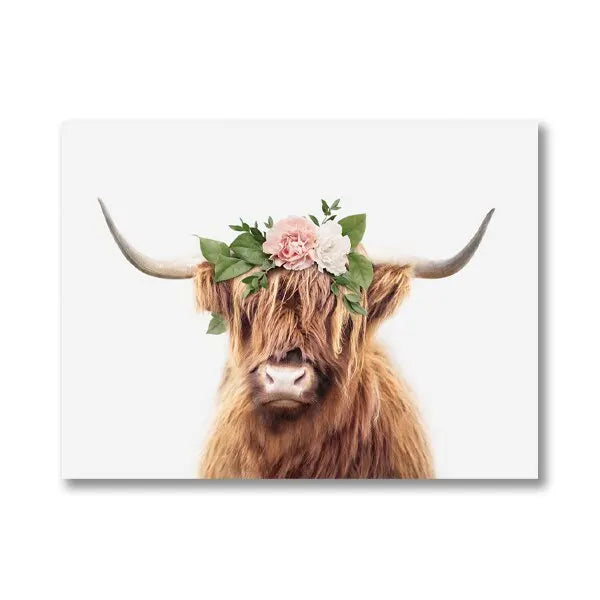 A close-up portrait of a Highland cow with horns adorned with pink and green flowers.