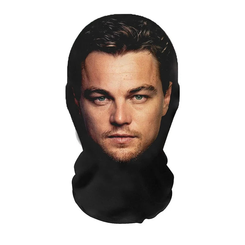A black 3D printed cosplay mask covering the face of a male celebrity.
