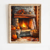 A rustic painting depicting a stone fireplace with glowing embers, seasonal gourds, and autumn foliage.