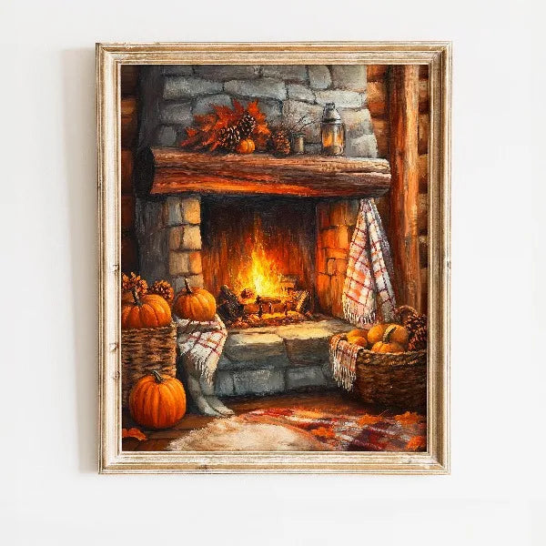 A rustic painting depicting a stone fireplace with glowing embers, seasonal gourds, and autumn foliage.