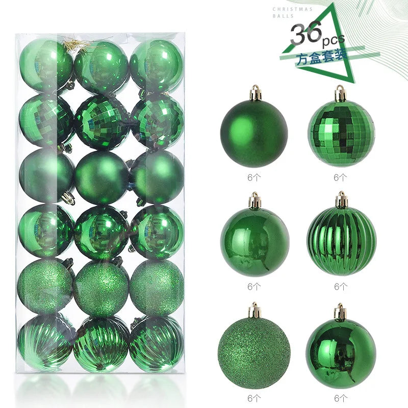 A set of 24 green and silver festive Christmas baubles for holiday tree and decor.