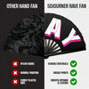 A comparison showing an other hand fan and a Sojourner Rave fan, highlighting durable materials and unique prints.