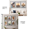 A collection of classic aluminum photo display frames in various sizes and orientations displayed on a wall.