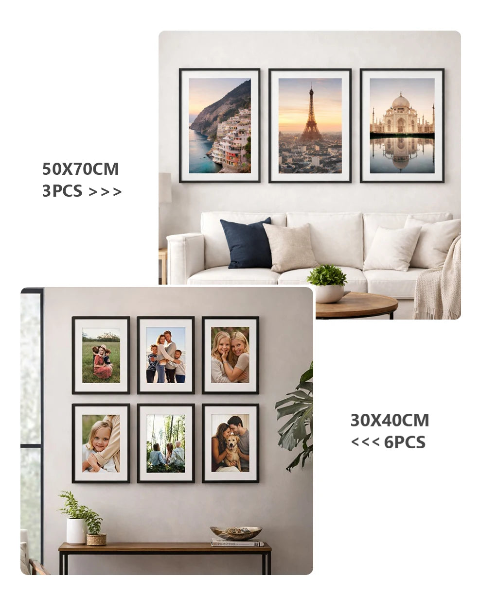 A collection of classic aluminum photo display frames in various sizes and orientations displayed on a wall.