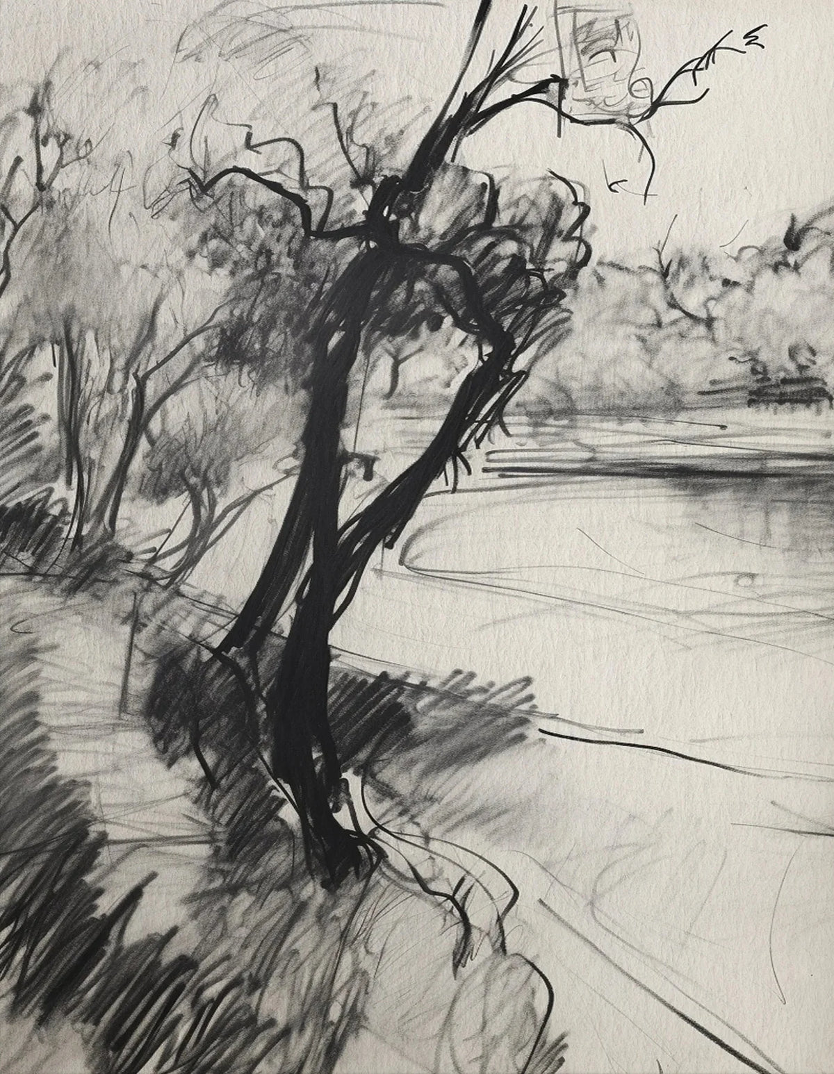 A charcoal sketch of a bare tree and a body of water with distant foliage.