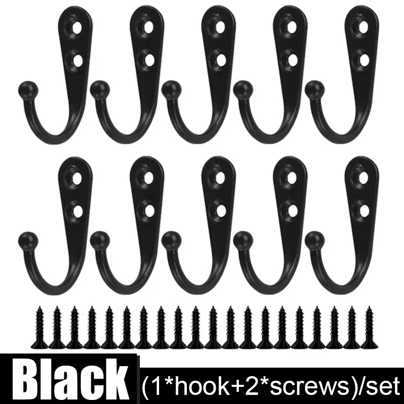 Black aluminum wall-mounted hooks with screws sold as a set