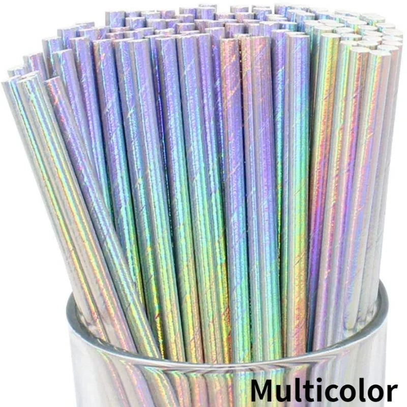 A close-up view of a 25 pack of multicolored biodegradable paper drinking straws standing upright in a cylindrical container.