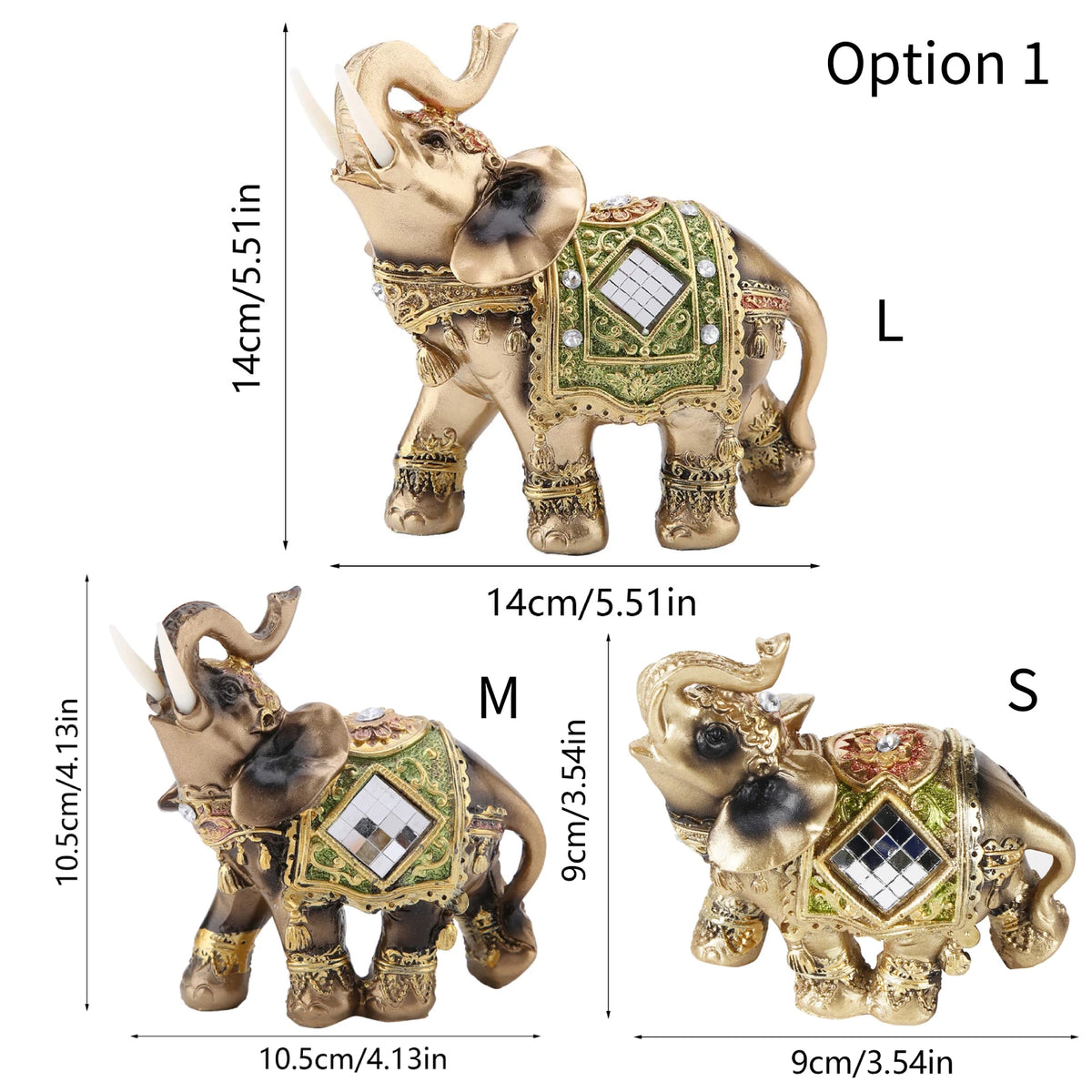 Zwei Elefantenstatuen, Option 1 (gold) und Option M/S (gold), für Feng Shui Wohlstand und Glück.