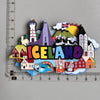 A collection of wooden fridge magnets featuring various Icelandic landmarks, including a lighthouse and wildlife.