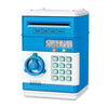 A blue automatic mini cash saving piggy bank with numbered slots and a digital display.