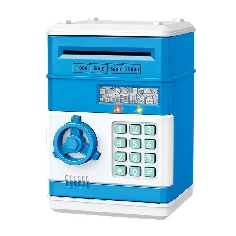 A blue automatic mini cash saving piggy bank with numbered slots and a digital display.