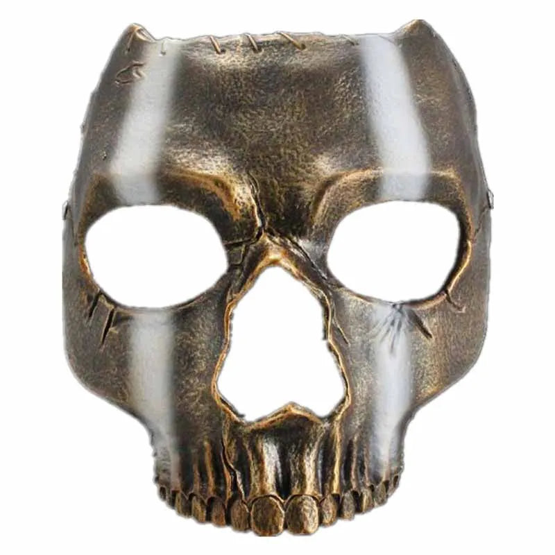 A full face resin mask shaped like a skull with stripes, featuring a metallic bronze and white finish.