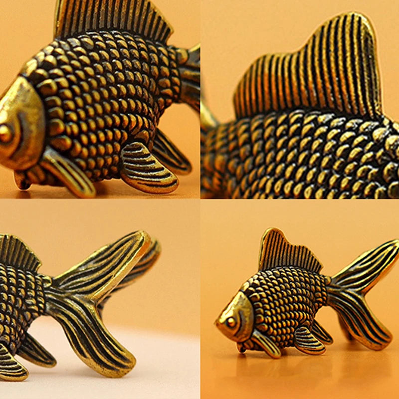 A close-up view of a retro brass goldfish statue with textured scales, shown from multiple angles.
