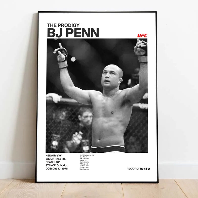 Foto en blanco y negro de BJ Penn boxeando con el brazo levantado, titulado The Prodigy BJ Penn