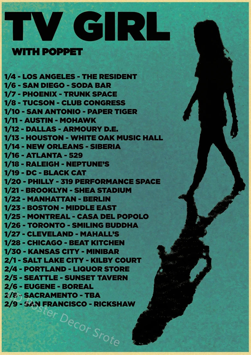 A vintage music poster listing various cities and dates for a TV girl performance with a puppet.