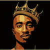 A portrait of Tupac Shakur wearing a golden crown against a black background.