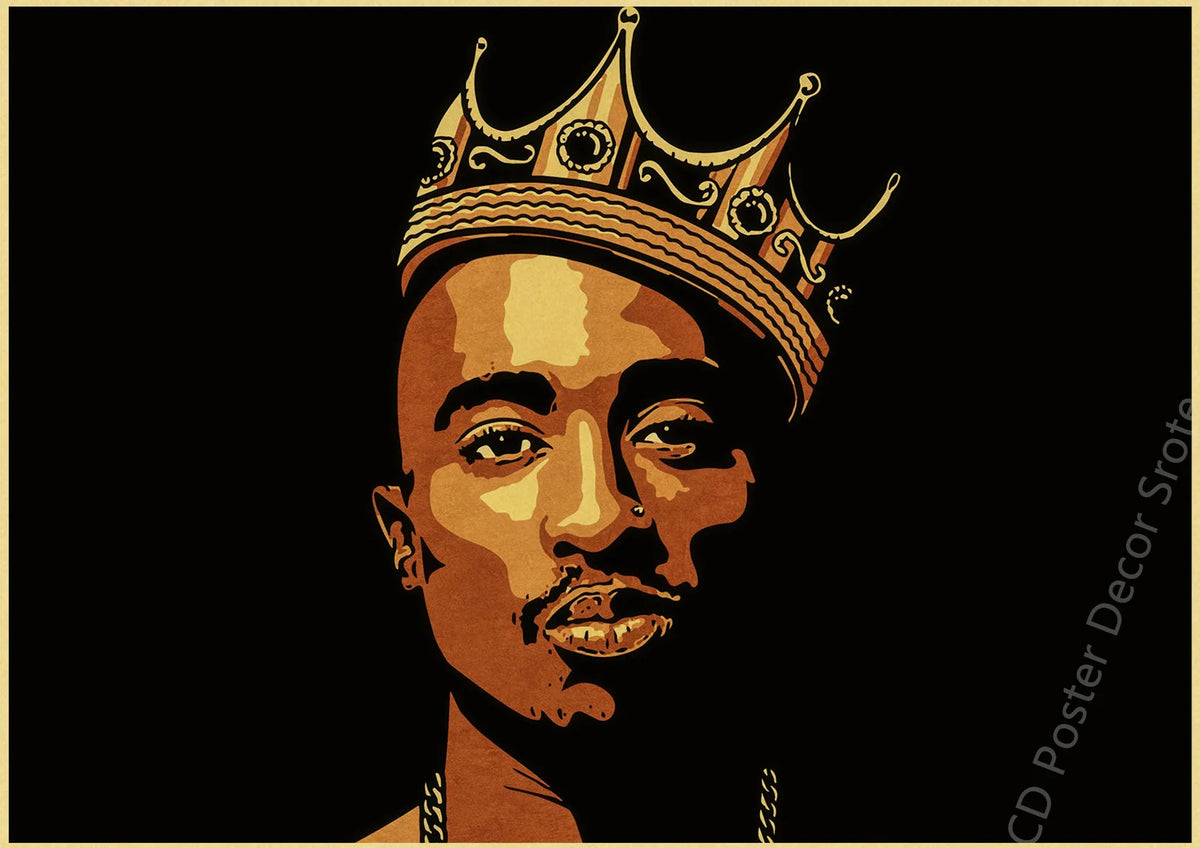 A portrait of Tupac Shakur wearing a golden crown against a black background.